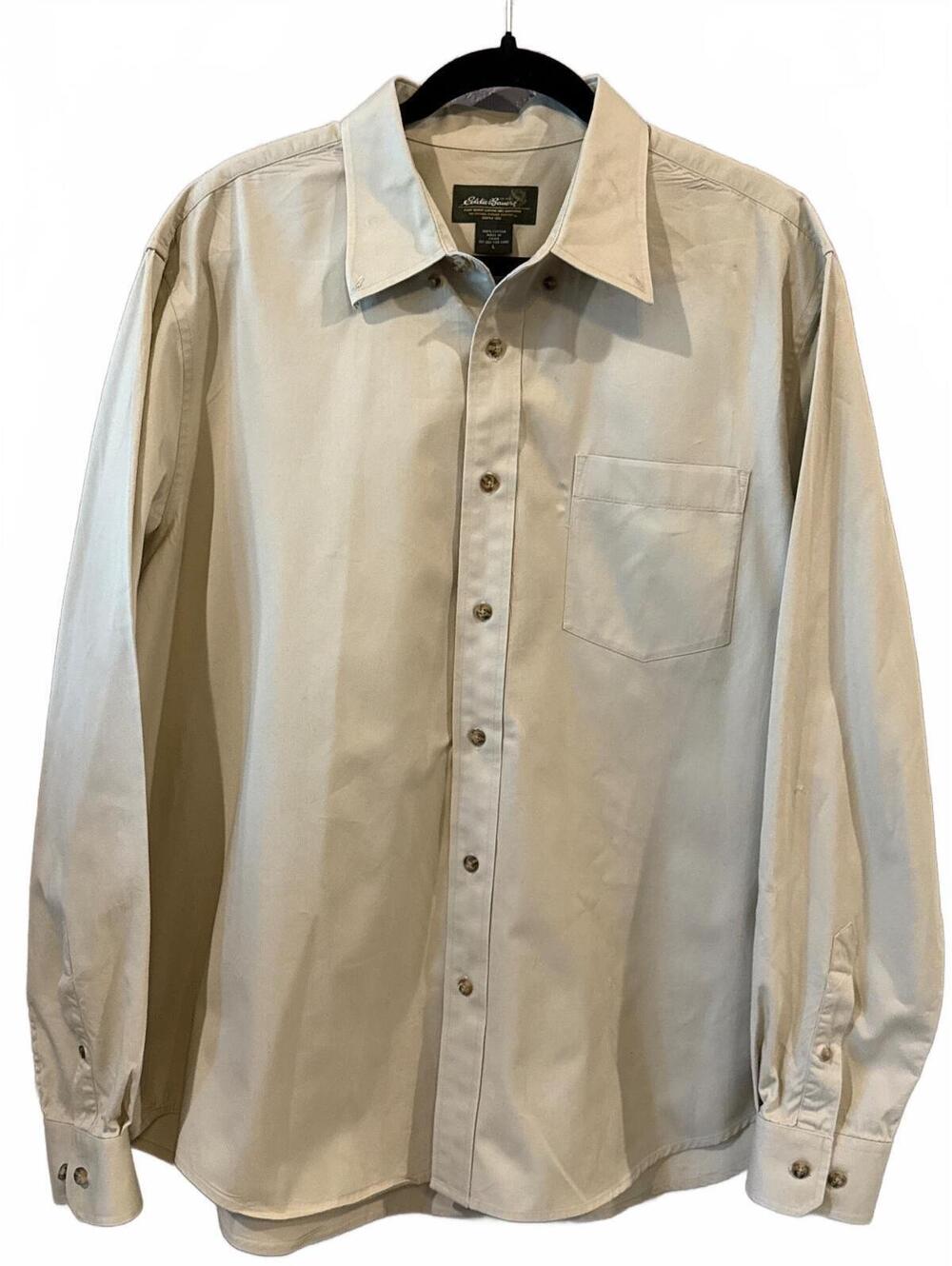 Eddie Bauer Men's Long Sleeve Button-Down Shirt Beige Cotton Size L